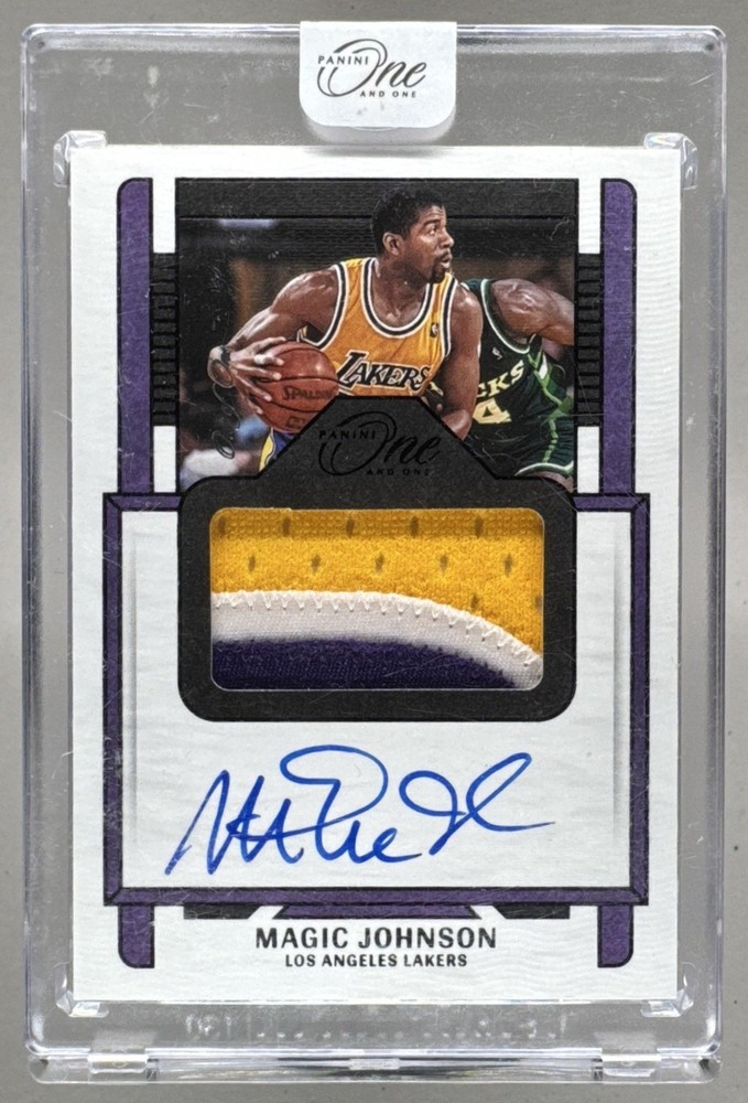 Magic Johnson 2022 Panini One & One #JA-MJO Black GU Jersey Patch Auto 1/1