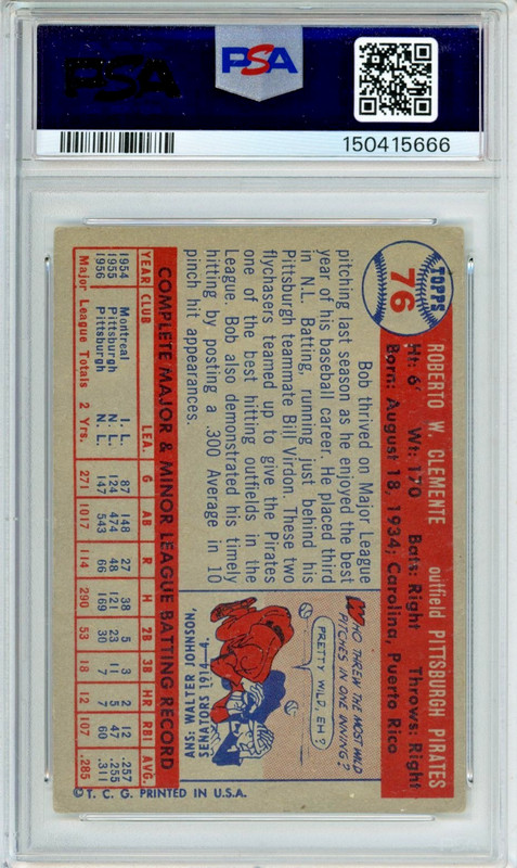 1957 Topps Roberto Clemente baseball card, graded VG 3, #76 in the set HOF view 2
