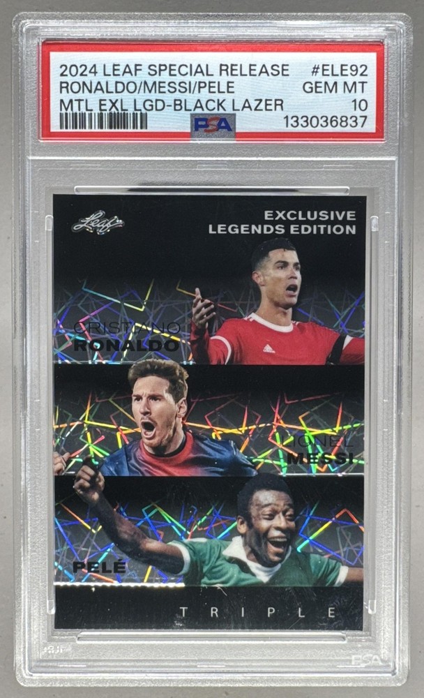 Pele Ronaldo Messi 2024 Leaf Special Release Black Lazer Legends 6/7 PSA 10