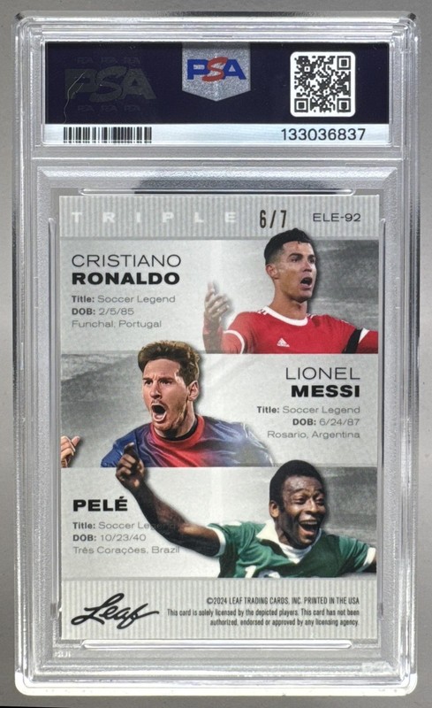 Pele Ronaldo Messi 2024 Leaf Special Release Black Lazer Legends 6/7 PSA 10 view 2