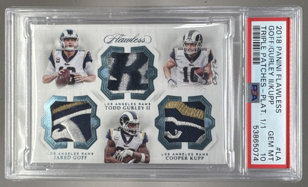 Jared Goff Kupp Gurley 2018 Panini Flawless Platinum Logo Patch 1/1 PSA 10