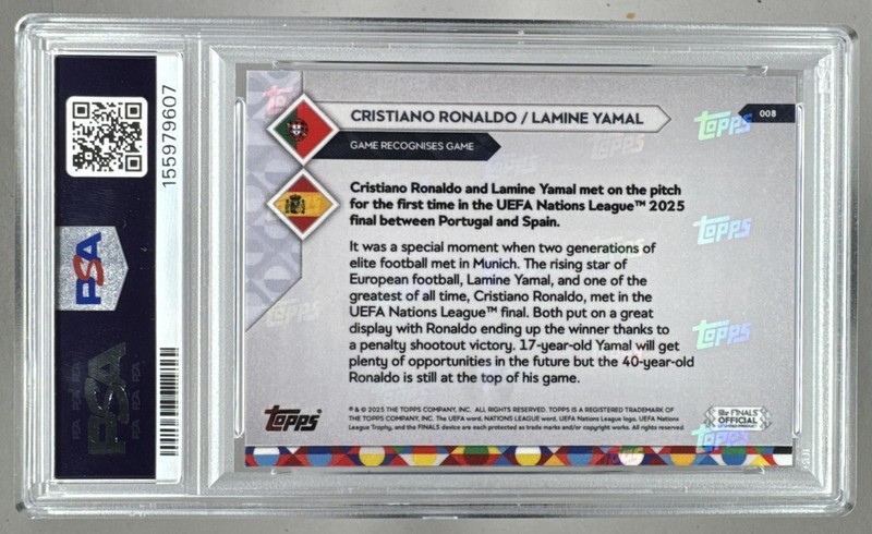 9607 Cristiano Ronaldo/ Lamine Yamal 2025 Topps Now 8 UEFA Nations League PSA 10 view 2