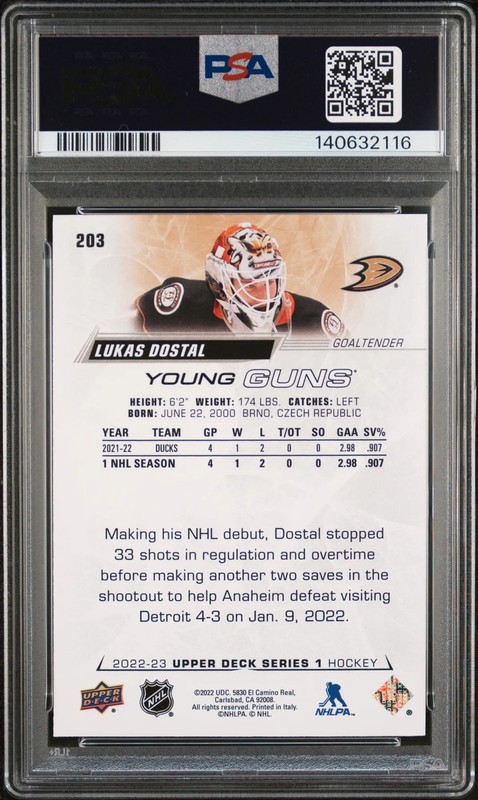 2022-23 Upper Deck Lukas Dostal #203 Young Guns Rookie PSA 9 view 2