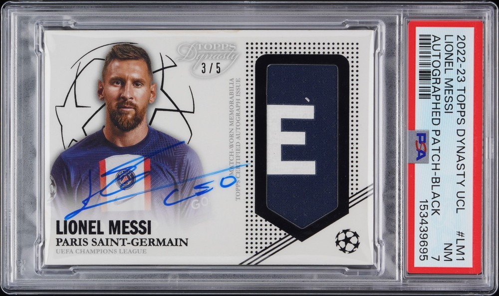 Lionel Messi 2022 Topps Dynasty UEFA UCL Black Patch Auto 2/5 PSA 7