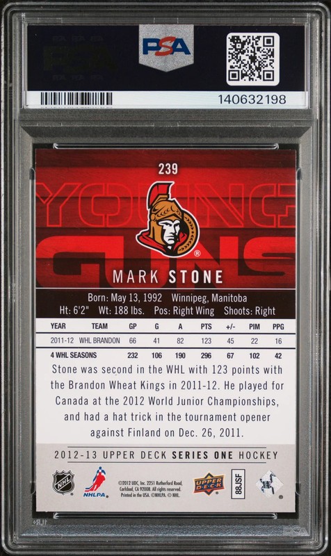 2012-13 Upper Deck Mark Stone #239 Young Guns Rookie PSA 9 view 2