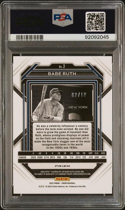 2023 Panini Prizm Gold #2 Babe Ruth Yankees HOF 2/10 PSA 8 NM-MT view 2