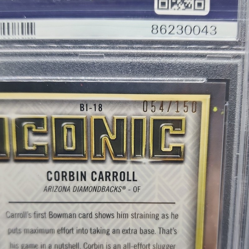 2023 Bowman Chrome Corbin Carroll Bowman Iconic BI-18 Blue Mojo /150 PSA 10 RC view 2