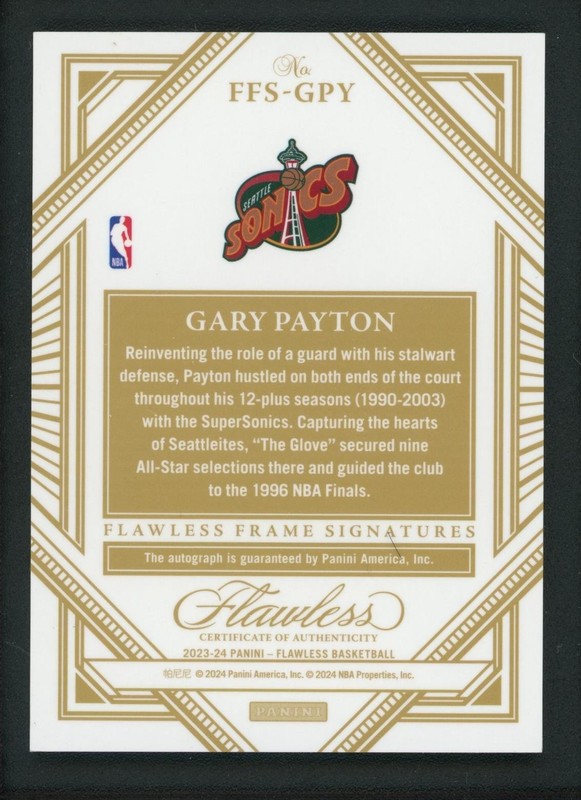 2023-24 GARY PAYTON 08/25 AUTO PANINI FLAWLESS AUTOGRAPHS view 2