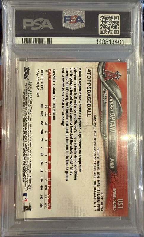 2018 TOPPS UPDATE #US1 SHOHEI OHTANI ROOKIE RC PSA 8 view 2