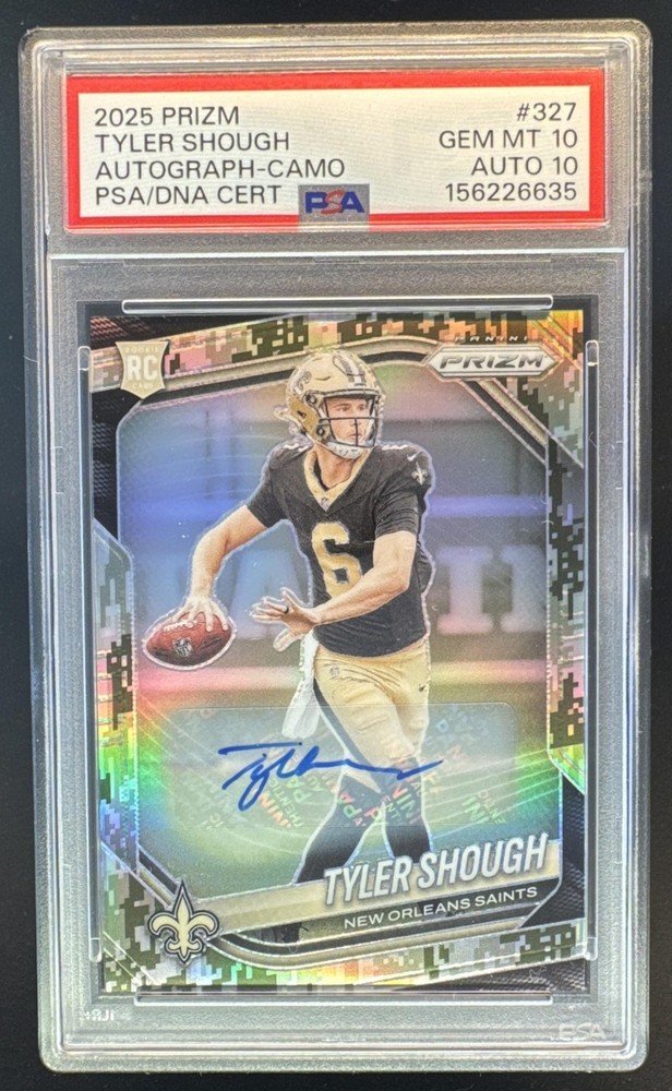 156226635 Tyler Shough 2025 Panini Prizm #327 Camo Rookie Auto RC /25 PSA 10/10