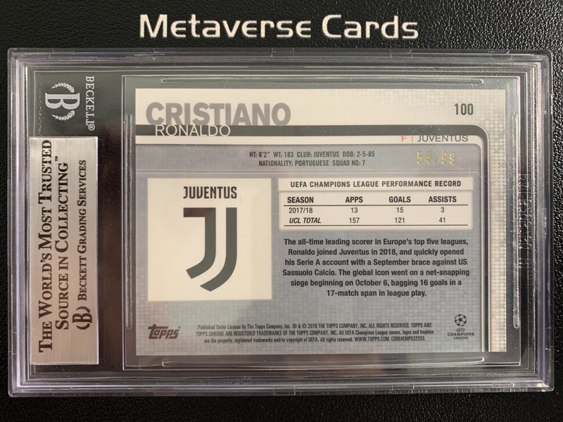 2018-19 Topps Chrome UCL Cristiano Ronaldo Green Refractor 54/99 BGS 8.5 view 2