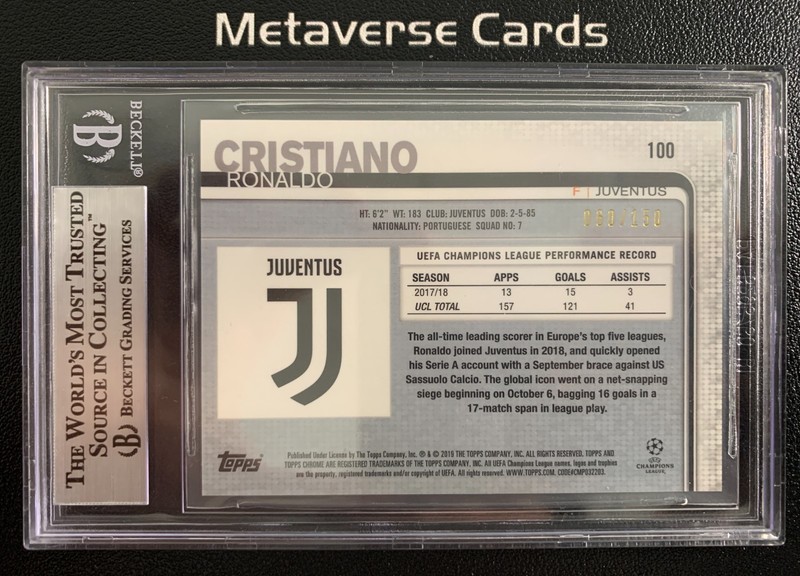 2018-19 Topps Chrome UCL Cristiano Ronaldo Blue Refractor 60/150 BGS 8.5 view 2