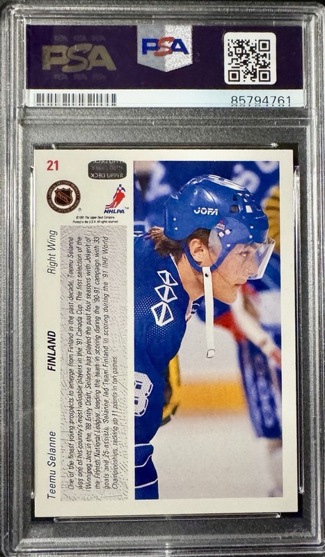 1991 Upper Deck Hockey #21 TEEMU SELANNE RC HOF Auto Rookie PSA DNA Autograph view 2