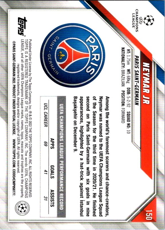Neymar Jr 2021-22 Topps UEFA Champions League #150 PSG Soccer Card NM Brazi bx3b view 2