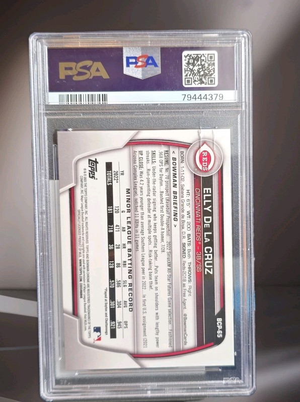 Bowman 2023 Sapphire Chrome Prospects Elly De La Cruz BCP-65 RC Reds PSA 10 view 2
