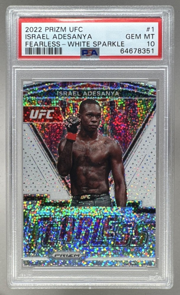 64678351 Israel Adesanya 2022 Panini Prizm UFC #1 Fearless White Sparkle PSA 10