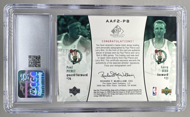 Paul Pierce Larry Bird 2004 SP Game Used Authentic Patch Auto 6/15 CGC 8/9 view 2