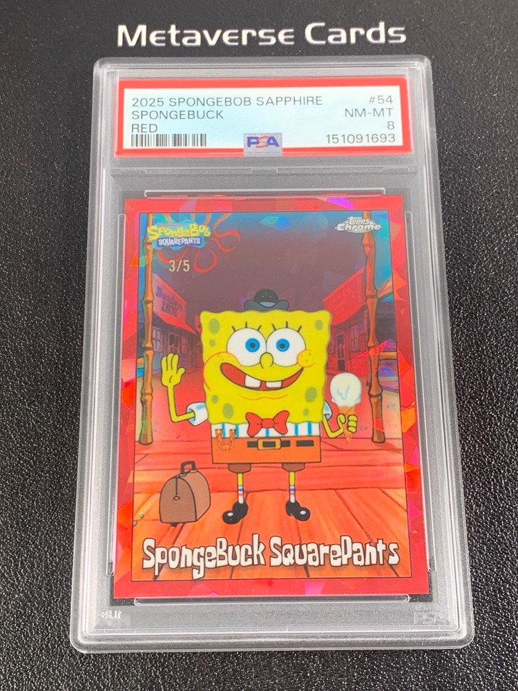 2025 Topps Chrome Spongebob Sapphire SpongeBuck 3/5 Red Sapphire PSA 8 #54