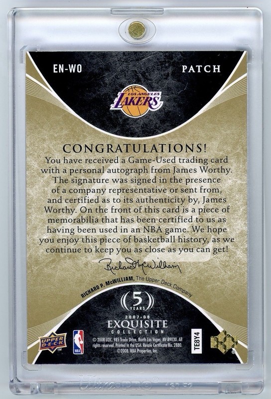 2008 UD Exquisite Number Pieces James Worthy Game Used Dual Patch Auto /42 HOF view 2