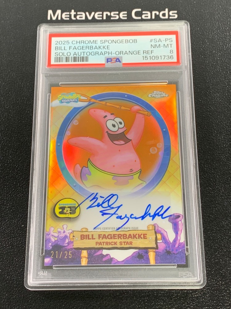 2025 Topps Chrome Spongebob Solo Auto Orange Patrick Star Fagerbakke /25 PSA 8