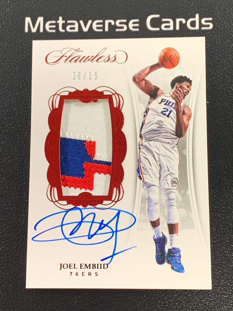 2017-18 Panini Flawless Joel Embiid Vertical Patch Auto Ruby 08/15