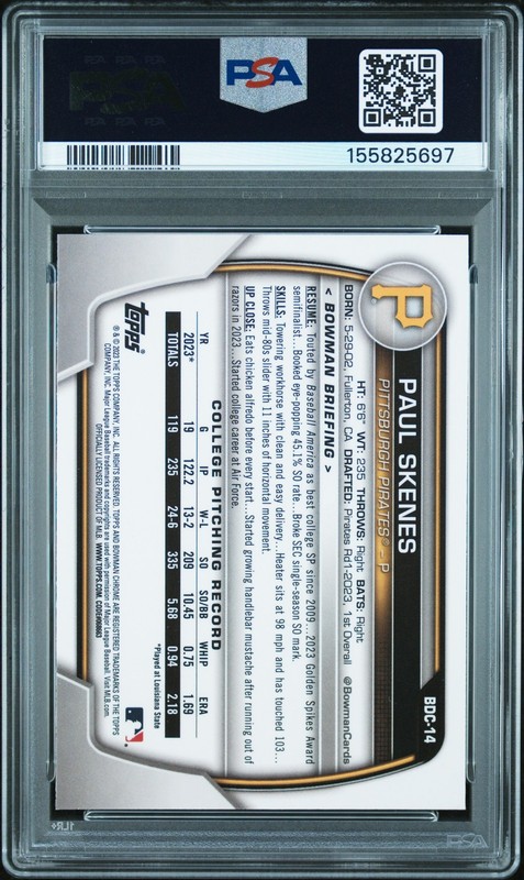 2023 Bowman Draft BDC-14 Paul Skenes 1st RC Chrome PSA 8 155825697 view 2