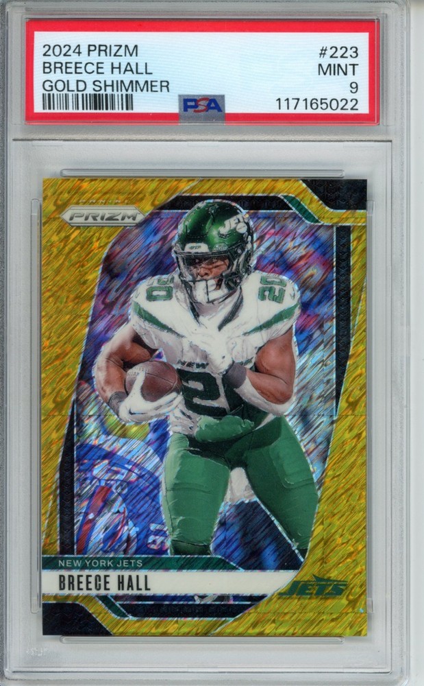 2024 PANINI PRIZM BREECE HALL GOLD SHIMMER #223 /10 PSA Mint 9 JETS SP