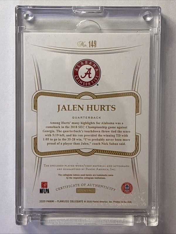 2020 Flawless Jalen Hurts Auto Rc Patch /20 Alabama view 2