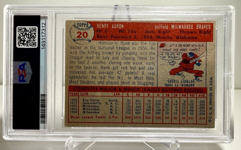 1957 TOPPS #20 HANK AARON PSA 2 Good BRAVES HOF view 2