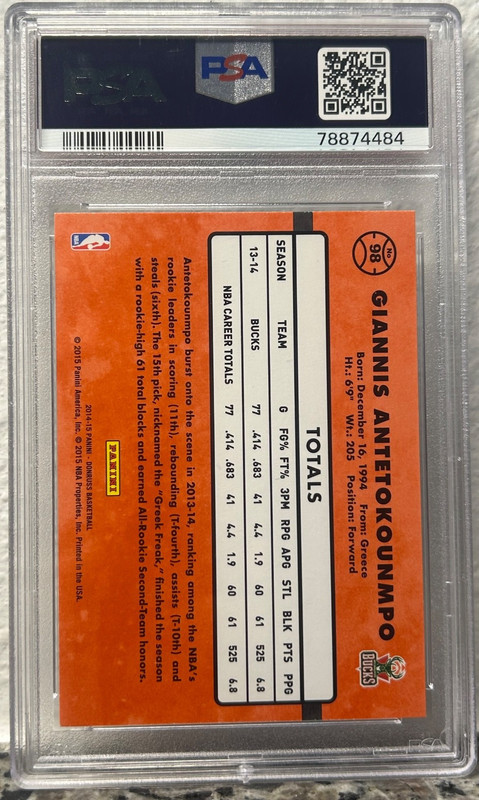 2014 Panini Donruss Giannis Antetokounmpo #98 2ND YEAR PSA 10 BUCKS view 2