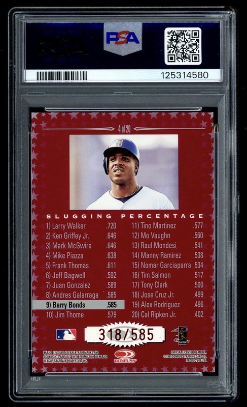 1998 Donruss #4 Barry Bonds Production Line Slugging SP /585 PSA 8 Giants view 2