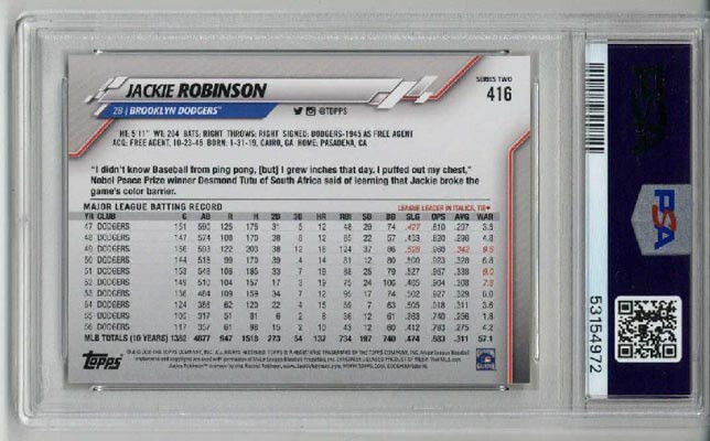 2020 TOPPS #416 JACKIE ROBINSON BROOKLYN DODGERS PSA 10 SSP LOW POP VERY RARE view 2