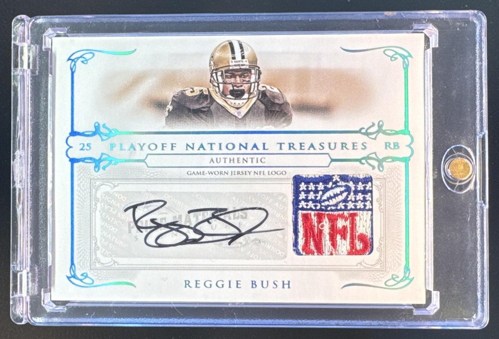 REGGIE BUSH 2007 Playoff National Treasures NFL LOGO SHIELD PATCH AUTO #d 1/1