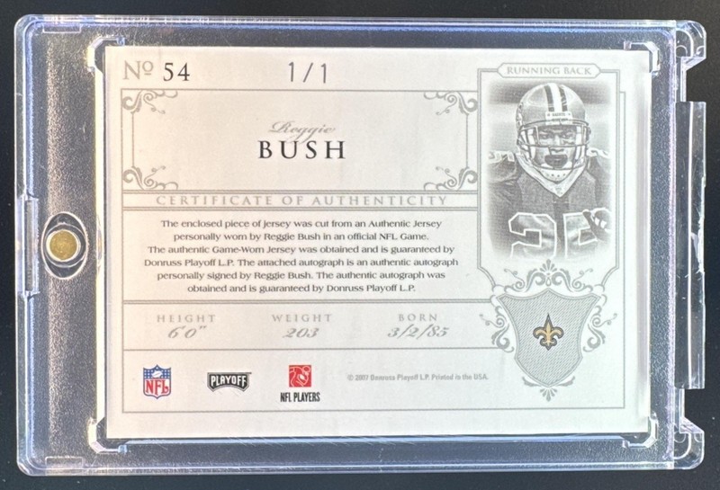 REGGIE BUSH 2007 Playoff National Treasures NFL LOGO SHIELD PATCH AUTO #d 1/1 view 2