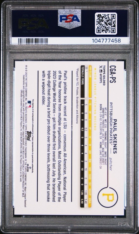 Paul Skenes 01/99 Rookie Auto Gold 2024 Topps Gilded Collection RC MINT PSA 9 view 2