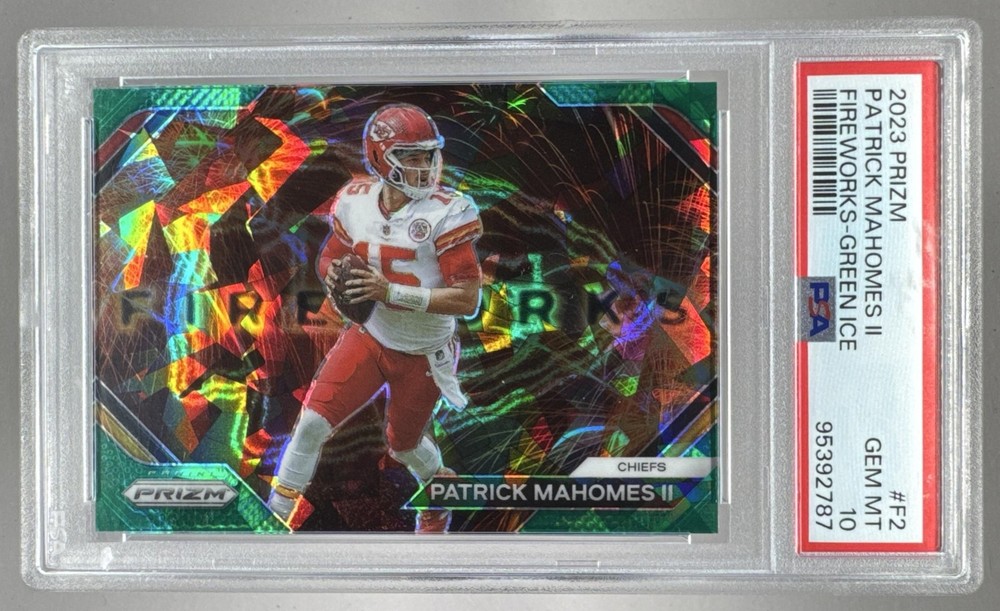 95392787 Patrick Mahomes II 2023 Panini Prizm #F-2 Green Ice Fireworks PSA 10