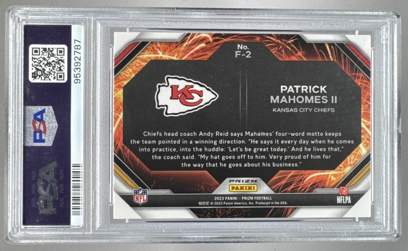 95392787 Patrick Mahomes II 2023 Panini Prizm #F-2 Green Ice Fireworks PSA 10 view 2