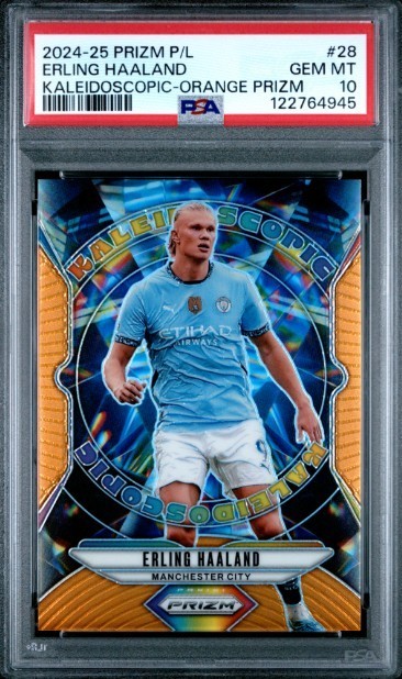 Erling Haaland, #/25 Orange Kaleidoscopic, 2024-25 Panini Prizm PL #28, PSA 10