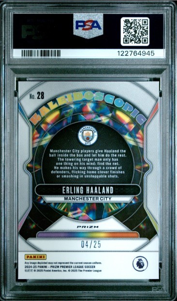 Erling Haaland, #/25 Orange Kaleidoscopic, 2024-25 Panini Prizm PL #28, PSA 10 view 2
