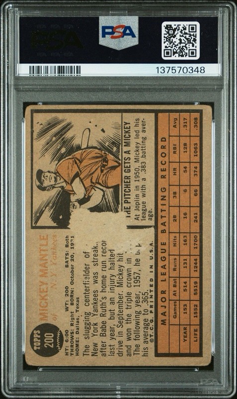1962 TOPPS MICKEY MANTLE NEW YORK YANKEES PSA 1 #200 HOF view 2