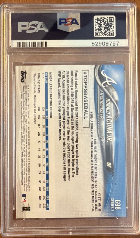 Ronald Acuna Jr. 2018 Topps Complete Set #698 Rookie Base PSA 10 RC Braves view 2