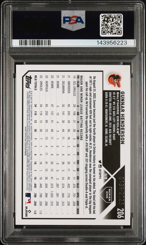 2023 Topps Gunnar Henderson #206 Gold PSA 10 view 2