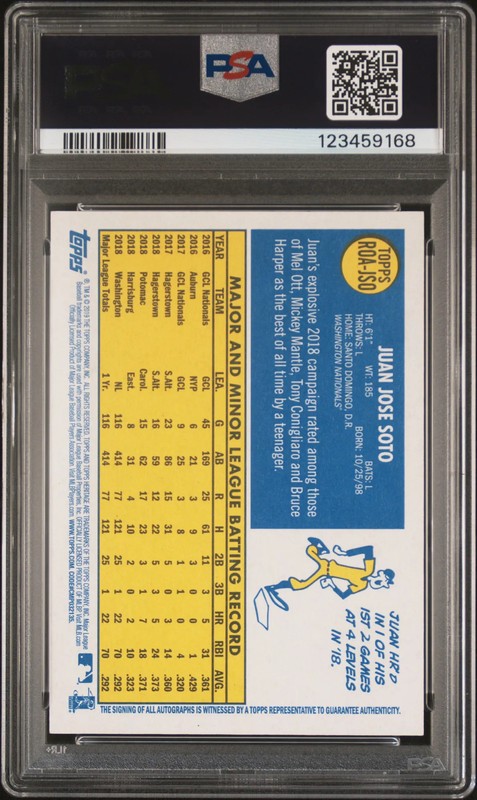 2019 Topps Heritage Real One Autographs Juan Soto #JSO No Hat PSA 9 view 2