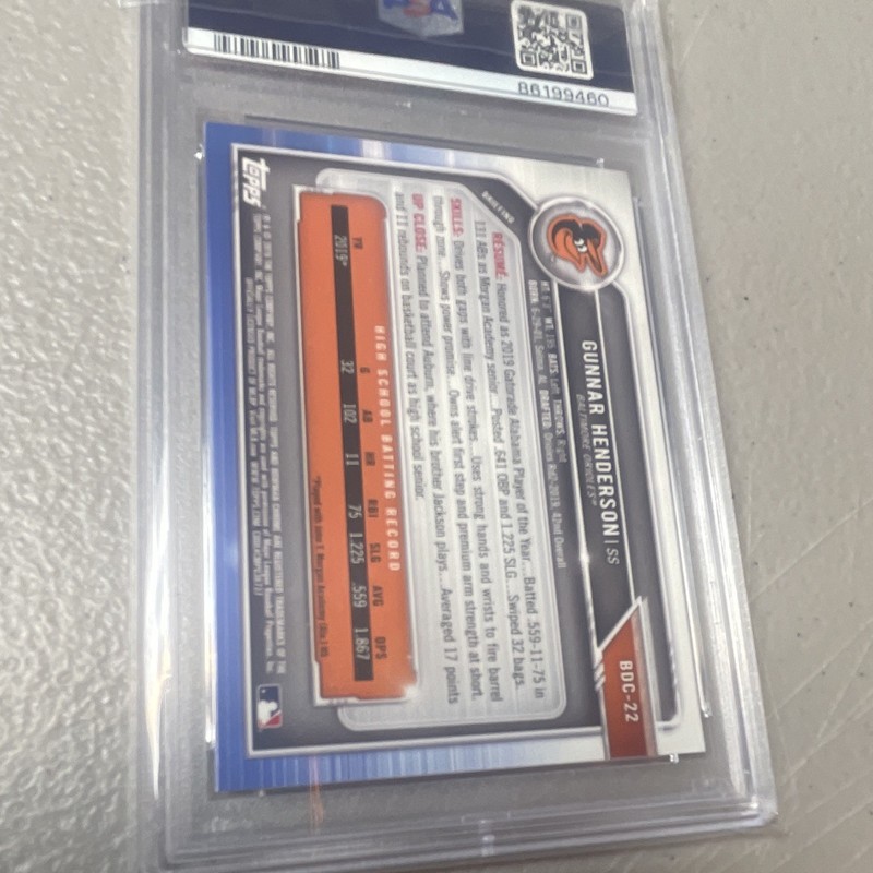 2019 Bowman Draft Chrome Gunnar Henderson 1st Bowman #BDC-22 Orioles PSA 9 view 2