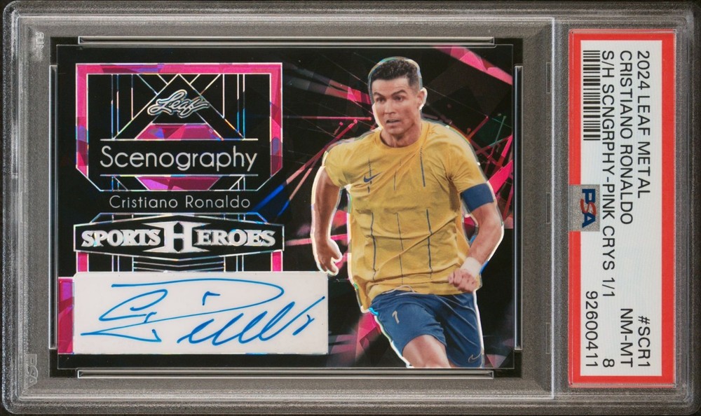 Cristiano Ronaldo, Auto 1/1 Pink Crystal, 2024 Leaf Metal Sports Heroes, PSA 8