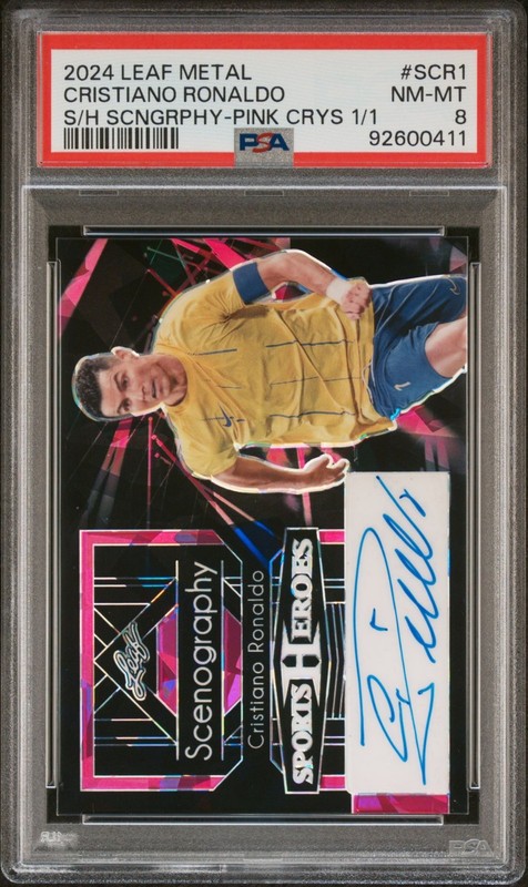 Cristiano Ronaldo, Auto 1/1 Pink Crystal, 2024 Leaf Metal Sports Heroes, PSA 8 view 2