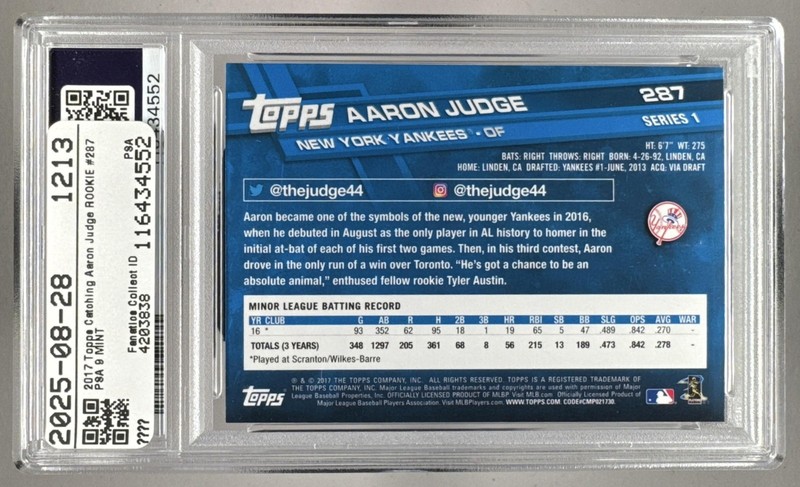 116434552 Aaron Judge 2017 Topps #287 Rookie RC PSA 9 view 2