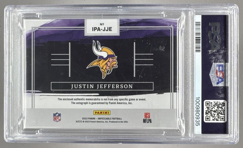 Justin Jefferson 2023 Panini Impeccable Immense Patch Autos Auto /99 PSA 9 view 2
