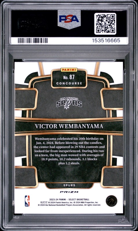 6665 Victor Wembanyama 2023 Panini Select #87 Blue Prizm RC Concourse PSA 10 view 2
