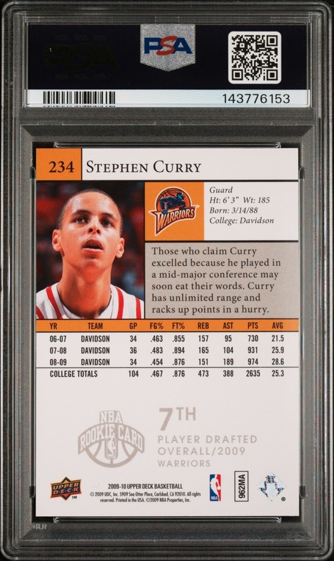 2009 Upper Deck Stephen Curry #234 Star Rookie Card PSA 8 NM-MINT view 2